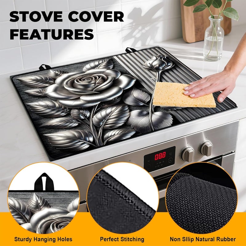 BVBOX Silver Rose Stove Top Cover Retro Flower Gas Stove Top Cover for Home Decoration Kitchen Pad Non-Stick Washable Cooktop Covers Countertop Protector Keep Stove Clean 28"x20" - Image 2
